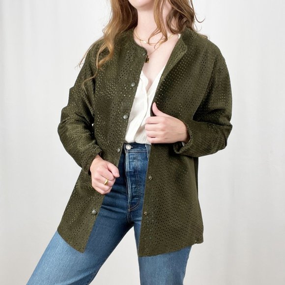 Danier Suede Leather Oversized Shacket Button Up Laser Cut Out Green Jacket Coat - Picture 9 of 9